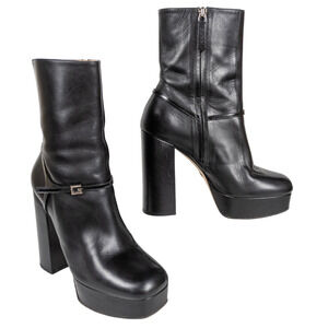 GUCCI Tiarah Black Leather Platform Boots G Logo Square Toe Women's EU 37.5